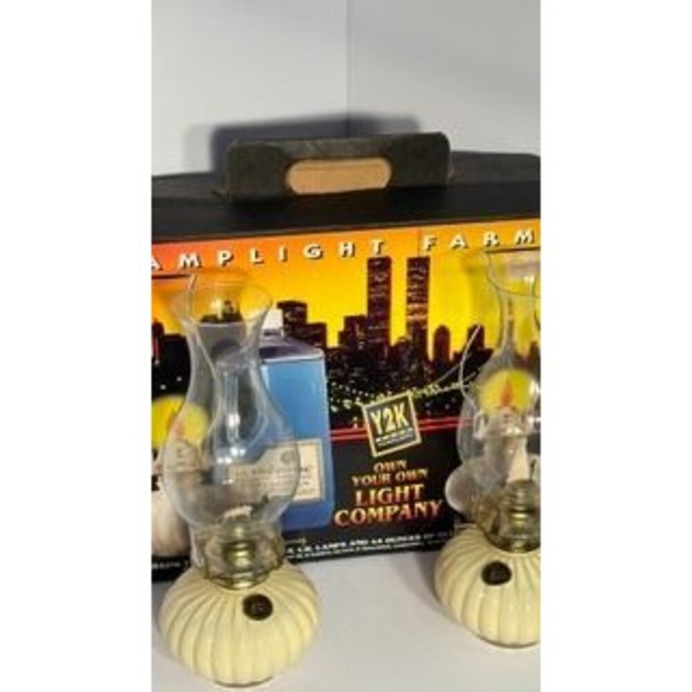 Y2K Pumpkin Oil Lamps Set of 2 Glass Chimneys Original Box Fall Decor